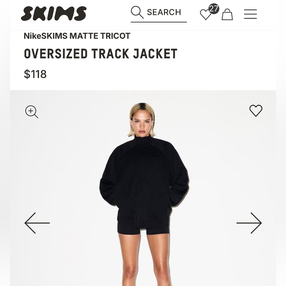 NWT SKIMS x Nike Matte Black Track Jacket, L